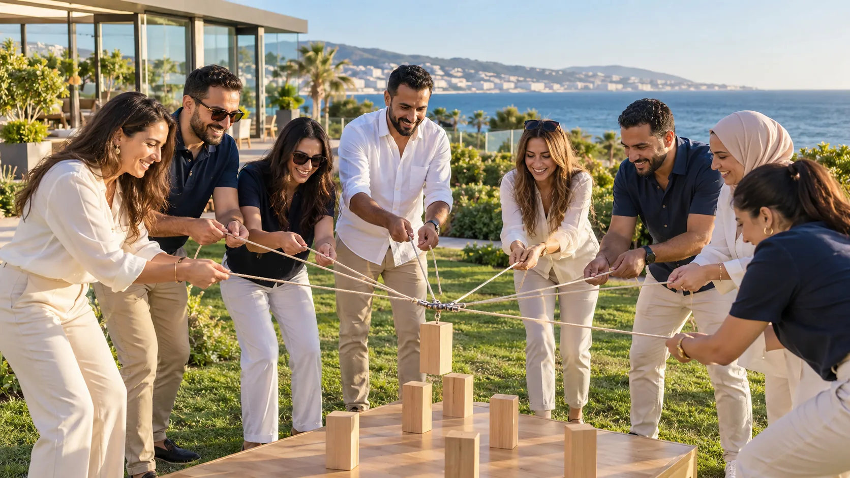 Groupe travaillant collectivement autour d'un challenge en plein air
